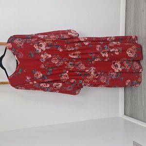Ava & Viv Red Floral Dress Cottage Core MIni Pleats Sheer Sleeve Women' Size 3X